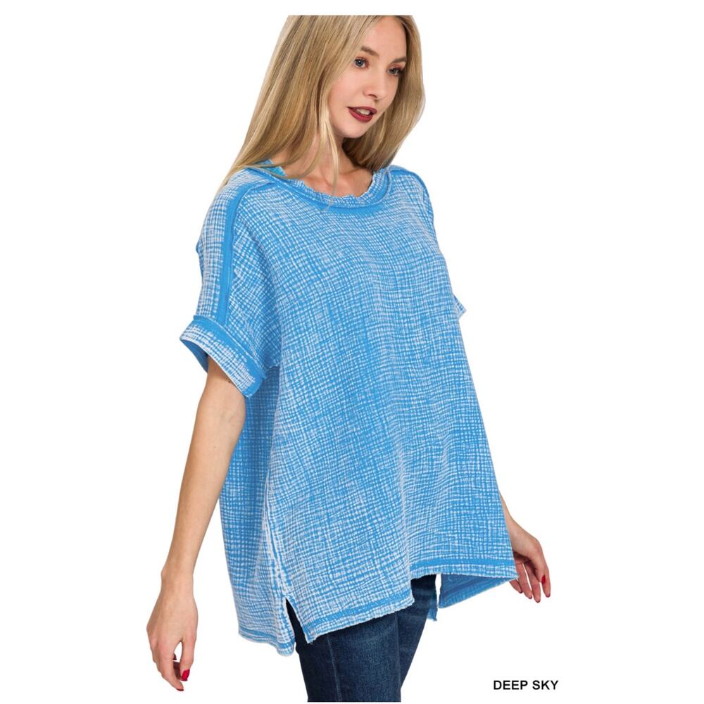 Zenana - Acid Washed Double Gauze Cuffed Short Sleeve Top - Small